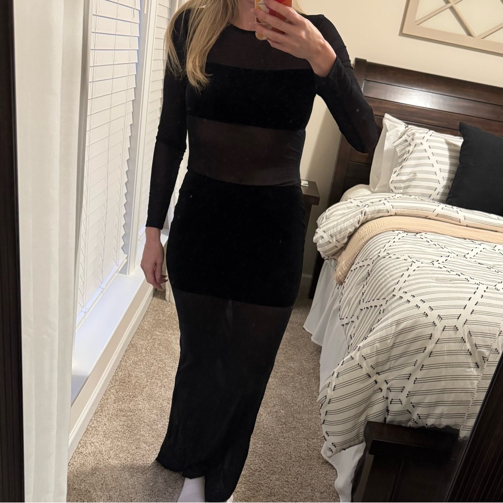 Black maxi dress, mesh and velvet covering